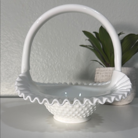 Fenton Other - VTG~ Fenton Whit Milk Glass Hobnail Textured Pattern Ruffled Serveware Basket